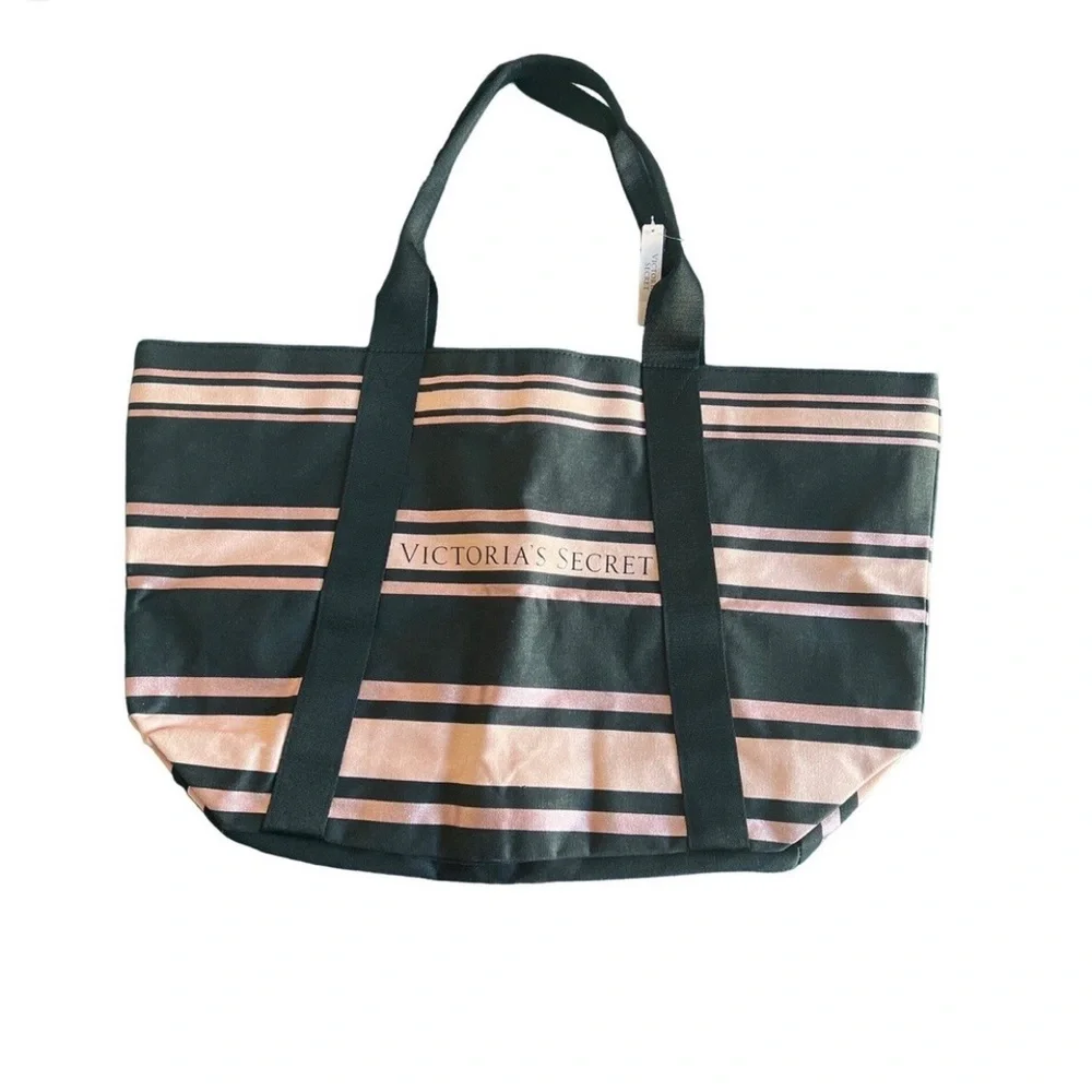 Victoria’s Secret NWT Carry On Beach Tote Shoulder Bag Rose Gold/Black Striped - Picture 3 of 10